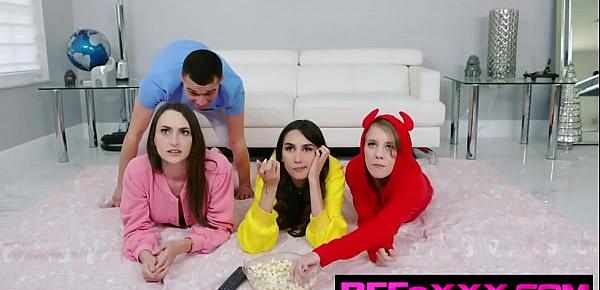  Natalia Nix is excited to have her two best friends Dani Damsel and Dakota Burns over for a movie night slumberr party, so they get their onesies on, their popcorn ready and lay in the living room to watch a movie.